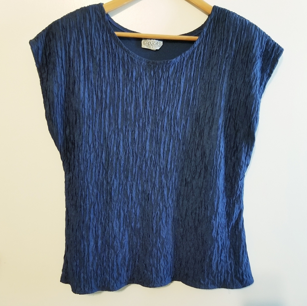 Copy Cats Royal Blue Satin Soft Crinkle Short Sleeve Blouse Large Vintage Padded
